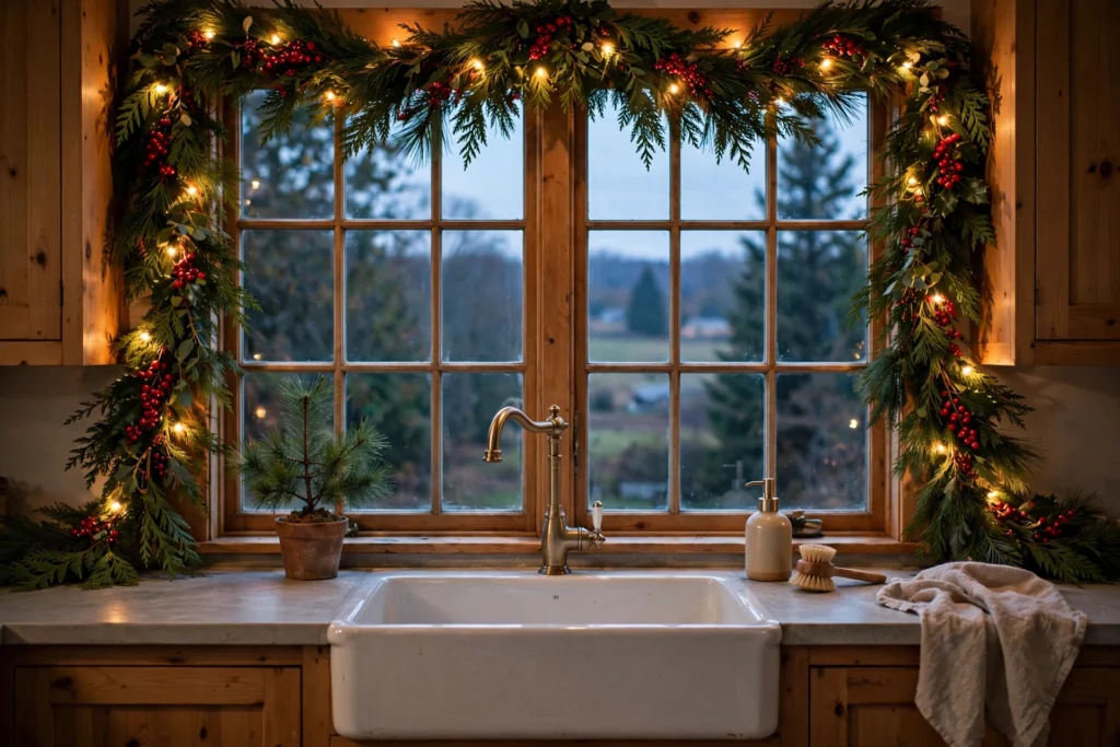 Kitchen window over the sink framed with fresh cedar garland, warm fairy lights, and red berries