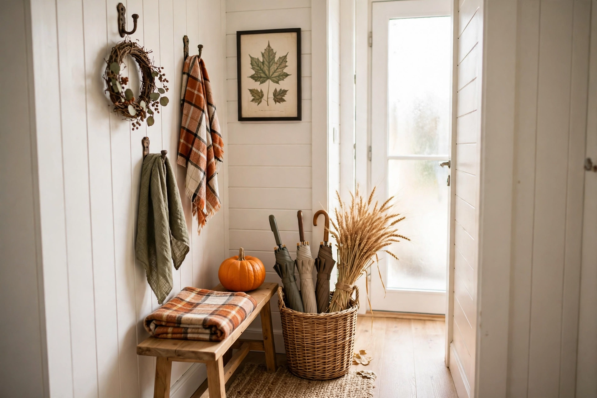 Small entryway decorated for Thanksgiving with wreath, bench, and wheat basket