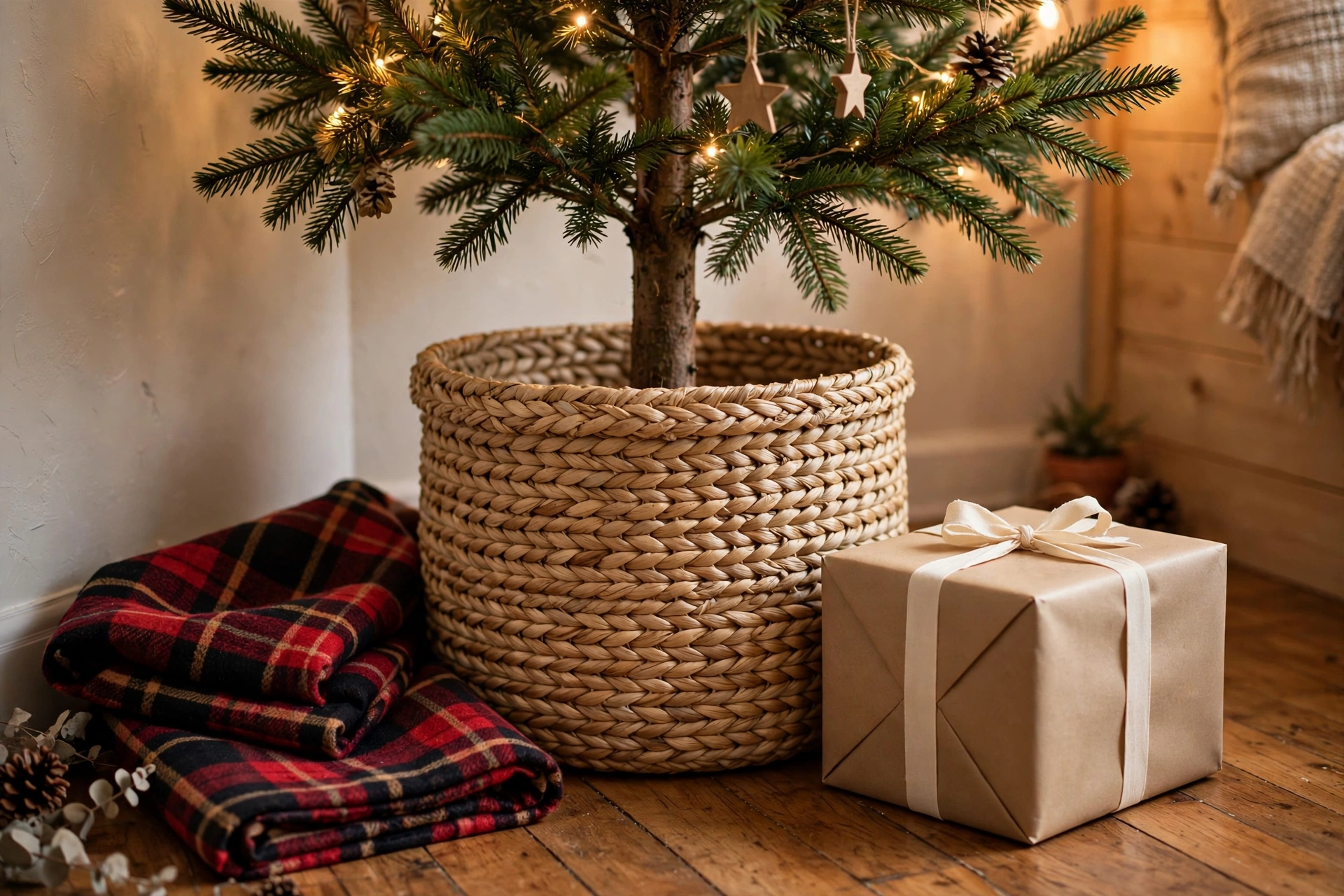 Budget Christmas tree base ideas: woven basket collar, kraft-paper wrapped box, and plaid blanket