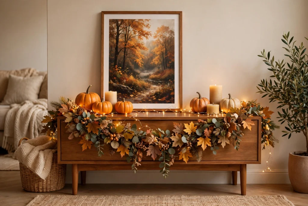 Console table styled as a Thanksgiving mantel without a fireplace, with garland, candles, and pumpkins