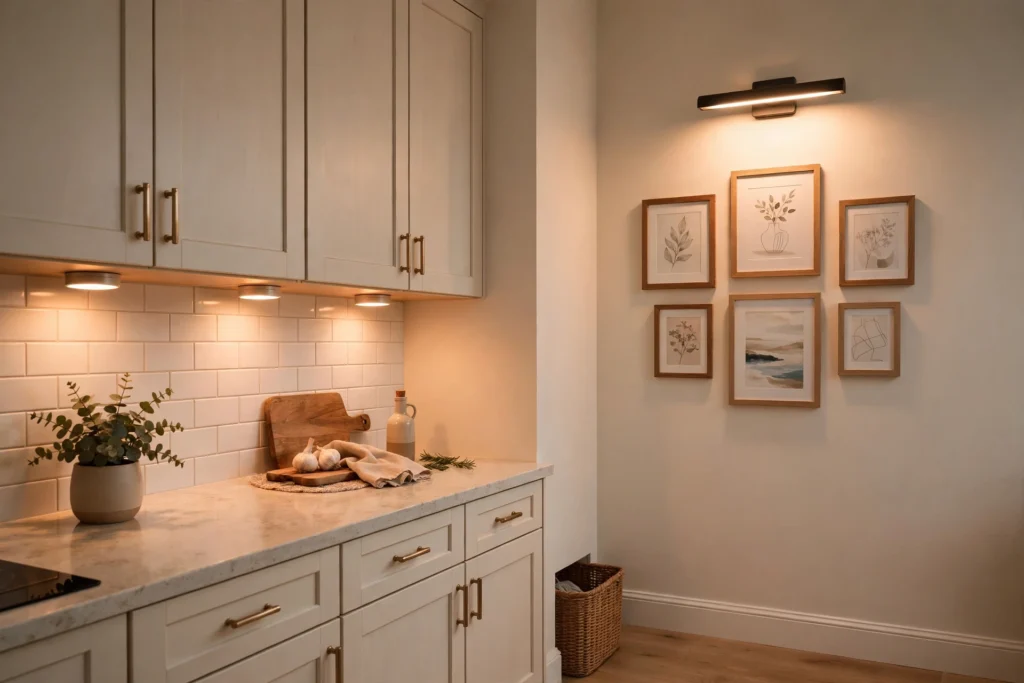 Battery puck lights under kitchen cabinets and plug-in picture light over a gallery wall