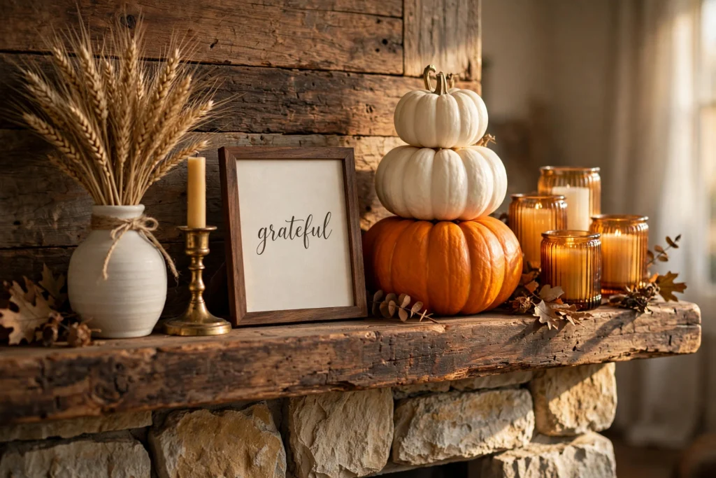 Thanksgiving mantel shelf with stacked pumpkins, amber glass candles, dried wheat, and a framed grateful sign
