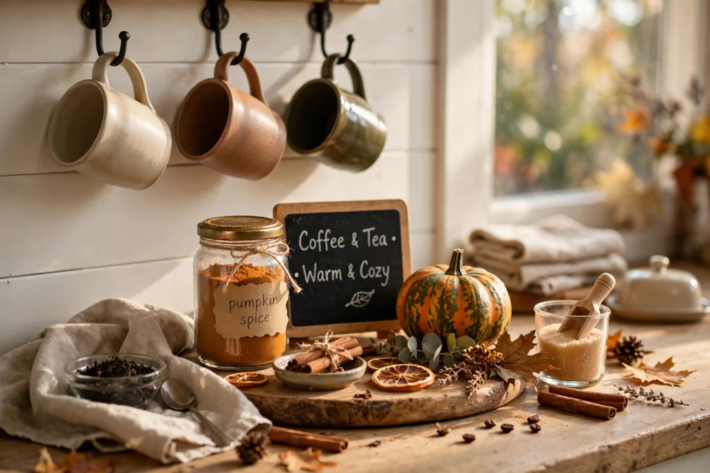 Fall-styled coffee station with mugs, pumpkin spice jar, and chalkboard sign