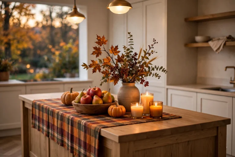 Warm Thanksgiving kitchen with harvest produce bowl, fall branches, candles, and plaid runner on the island