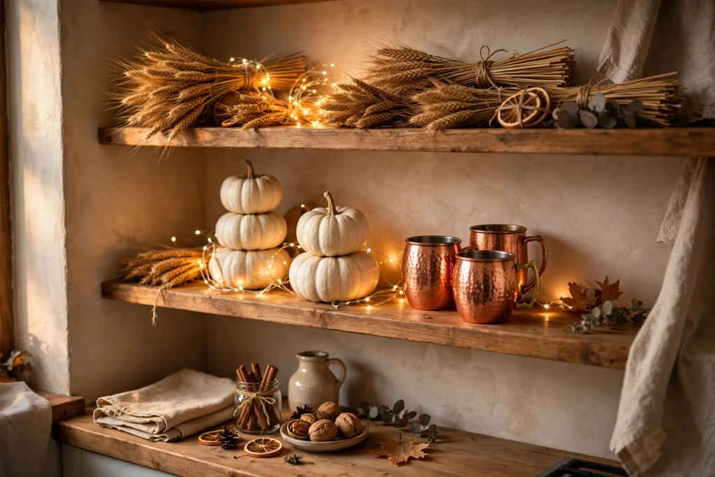 Open kitchen shelves styled with white pumpkins, copper mugs, and fairy lights