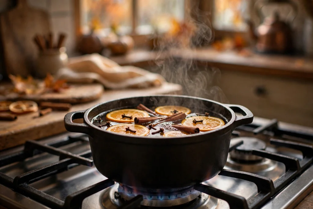 Stovetop simmer pot with orange slices, cinnamon sticks, and cloves