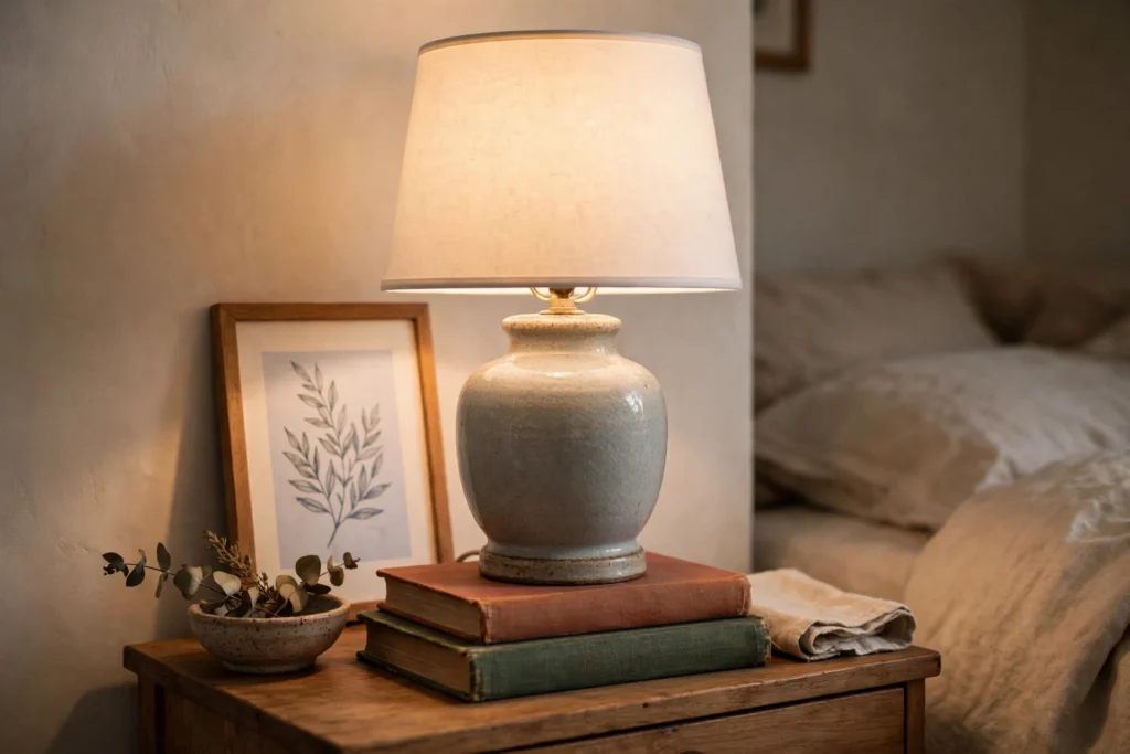 Thrifted ceramic table lamp with a new white shade on a bedroom nightstand