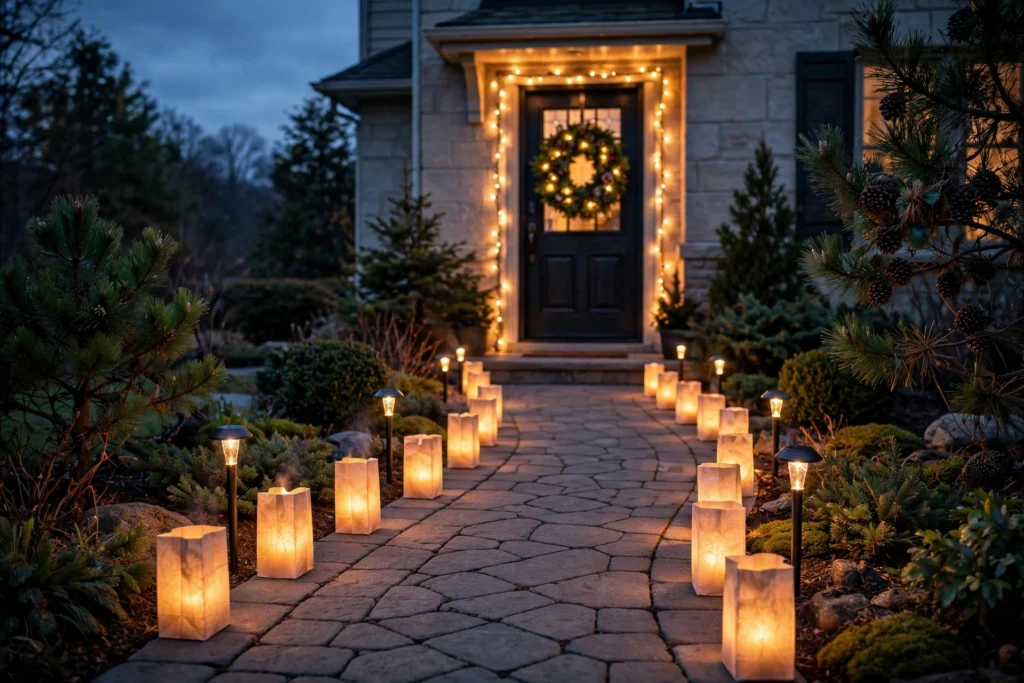 Front walkway lined with solar pathway lights and glowing paper-bag luminaries leading to a lit Christmas wreath on the front door